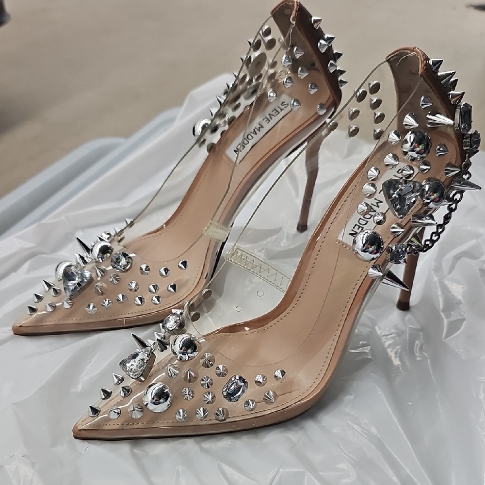 Steve Madden Clear and Silver Studded Heels
